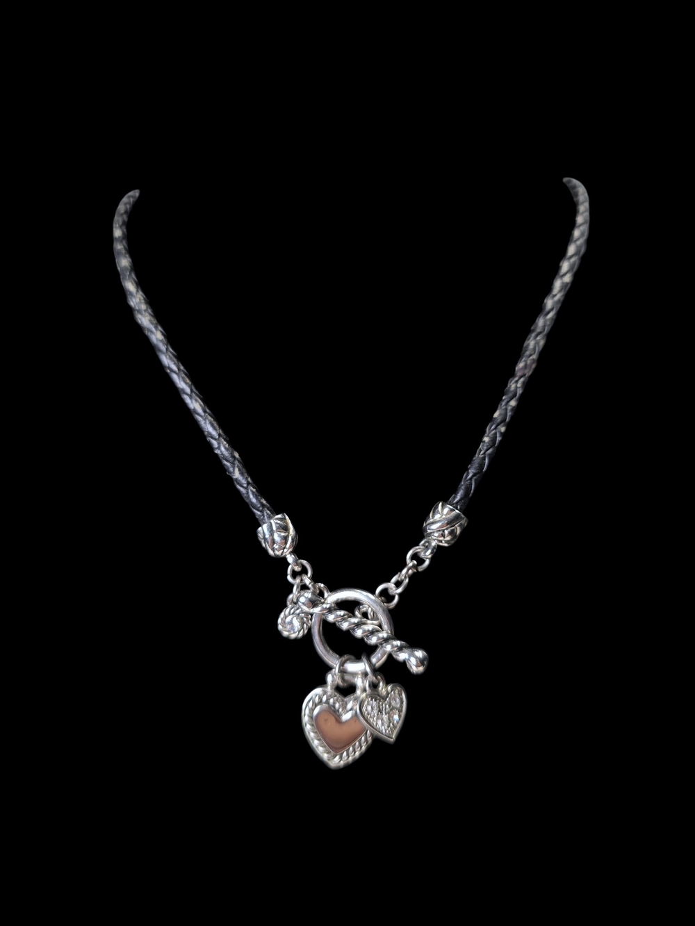 Lia Sophia Kiss & Tell Heart Charm Silver tone Toggle Braided Cord Necklace